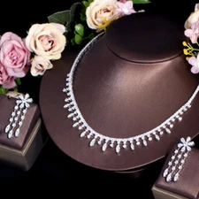 Sparkling CZ Tassel Choker Necklace Earrings Silver Plated Pageant Jewelry Set 