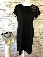 Tiana B Size Medium Black Cap Sleeve Embellished Knit Shift Dress Knee Length