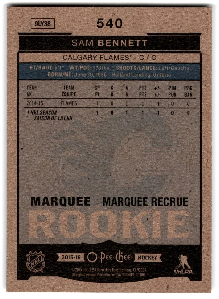 2015-16 O-Pee-Chee Sam Bennett Rookie #540 Calgary Flames - Image 2 of 2