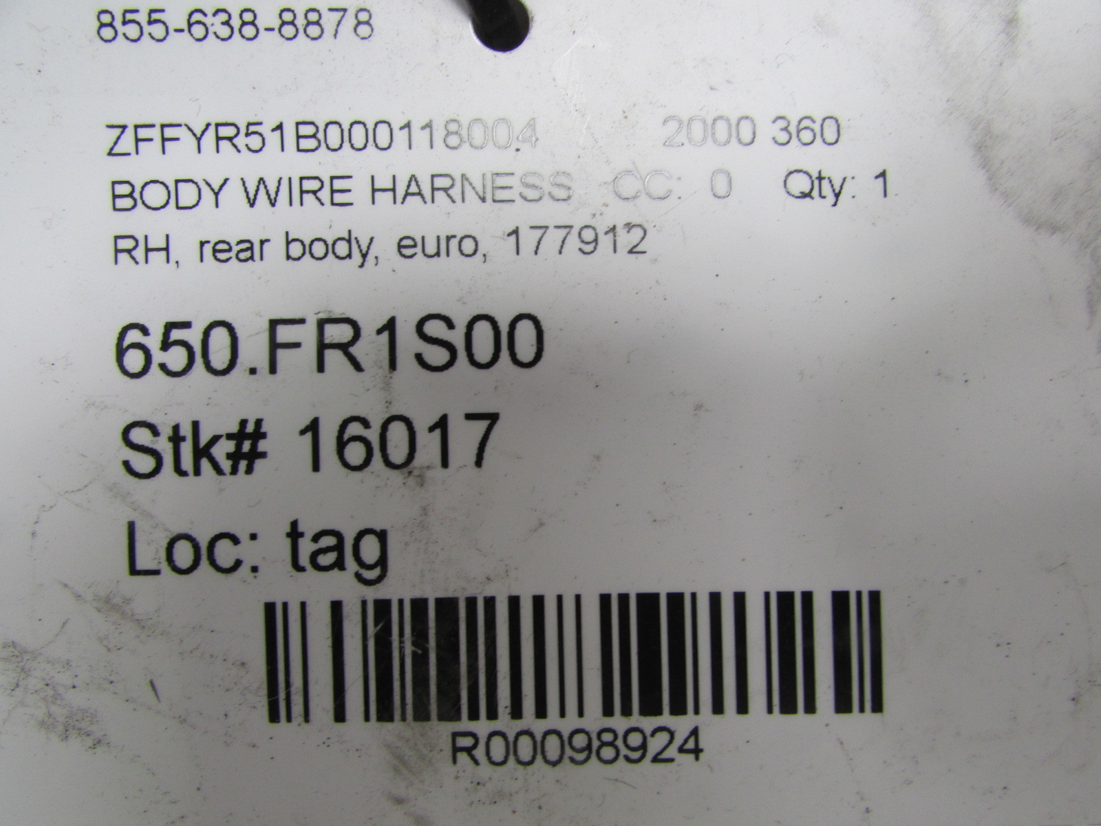 Ferrari 360, LH, Left Rear Body Wire Harness, Euro, Used, P/N 178296
