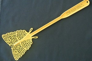 Vintage Yellow Plastic Butterfly Fly Swatter w/ Advertisement Strongsville Ohio