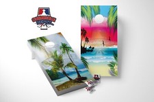 Palm Trees and Colorful Beach Island Split Set Cornhole Board Vinyl Wrap Decal