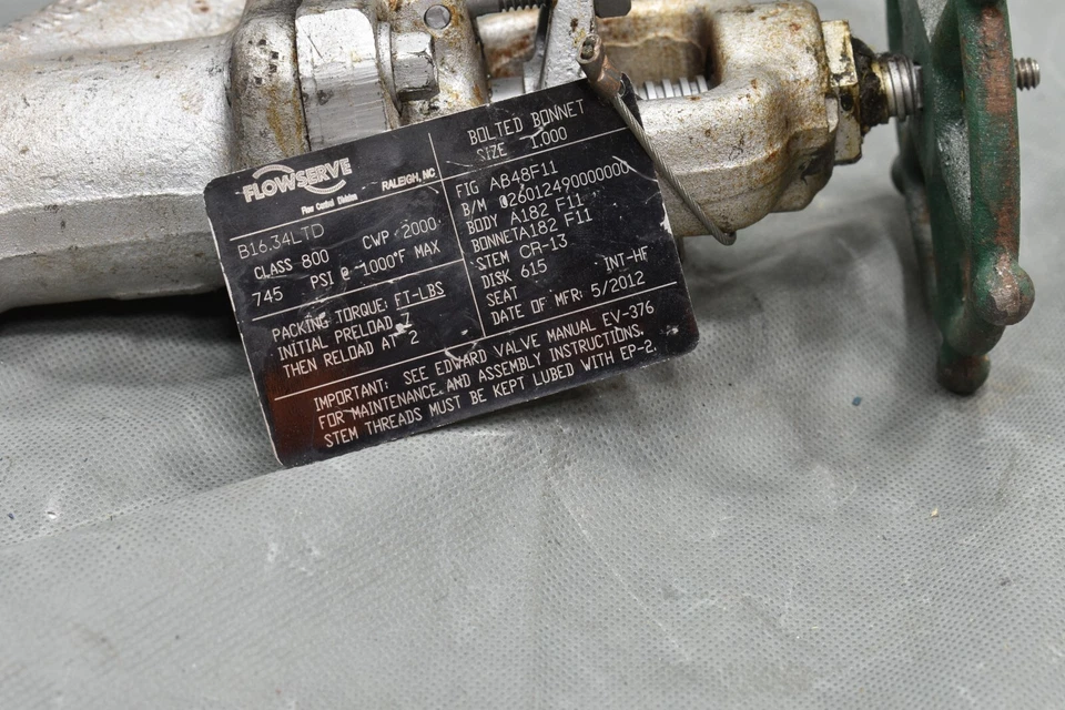 Flowserve A848F11, Size 1" Socket Weld Globe Valve, CWP 2000, 745 PSI @ 1000°F - Image 2 of 4