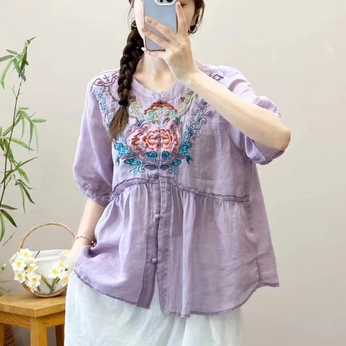 Camicia retrò sciolta etnica cotone lino ricamato top cardigan estivo cinese - Foto 13 di 29