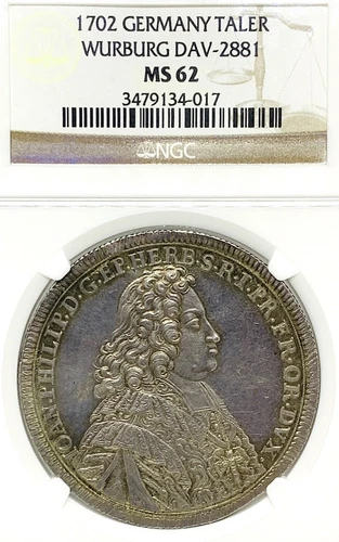 German States Wurzburg 1702 Taler Coin Thaler NGC MS62 VZ/F.STG UNC RARE TOP POP