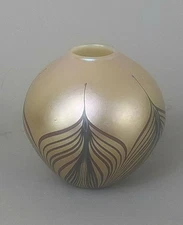 Carl Radke, Phoenix Studios Favrile Glass  Gold Feather Vase Signed Carl Radke