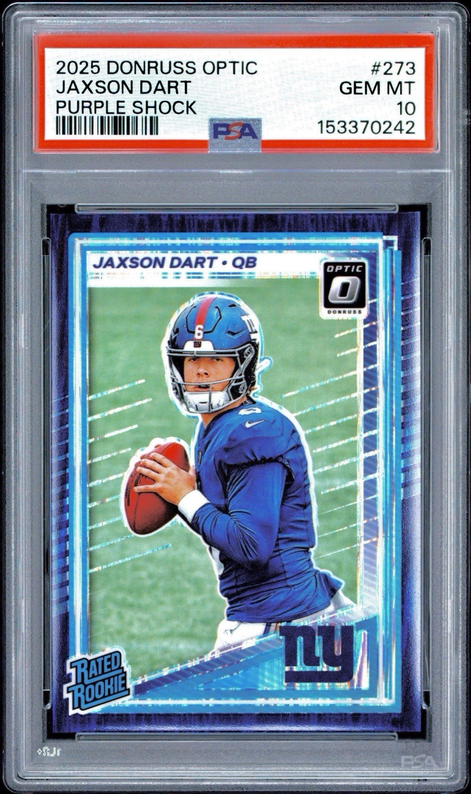 2025 DONRUSS OPTIC #273 JAXSON DART RATED ROOKIE PURPLE SHOCK PSA 10