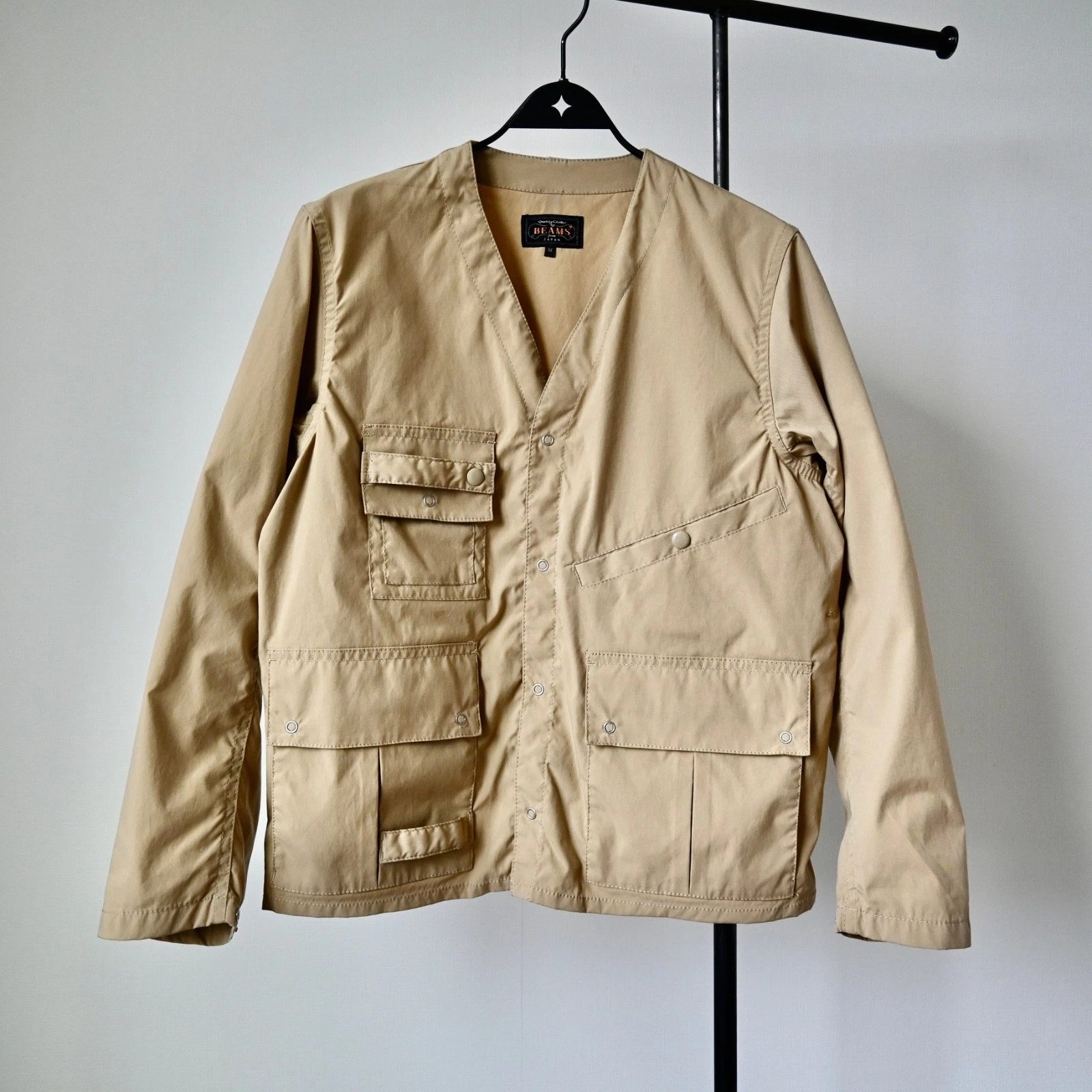 BEAMS Plus x Komatsu Matere fabric multi-pocket fishing jacket, tan, size M