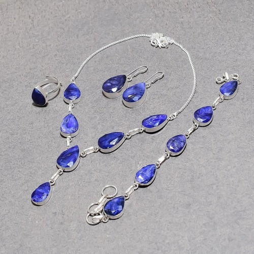 Blue Sapphire Pear Shape Gemstone Handmade Anniversary Gift Jewelry Necklace Set - Picture 4 of 7
