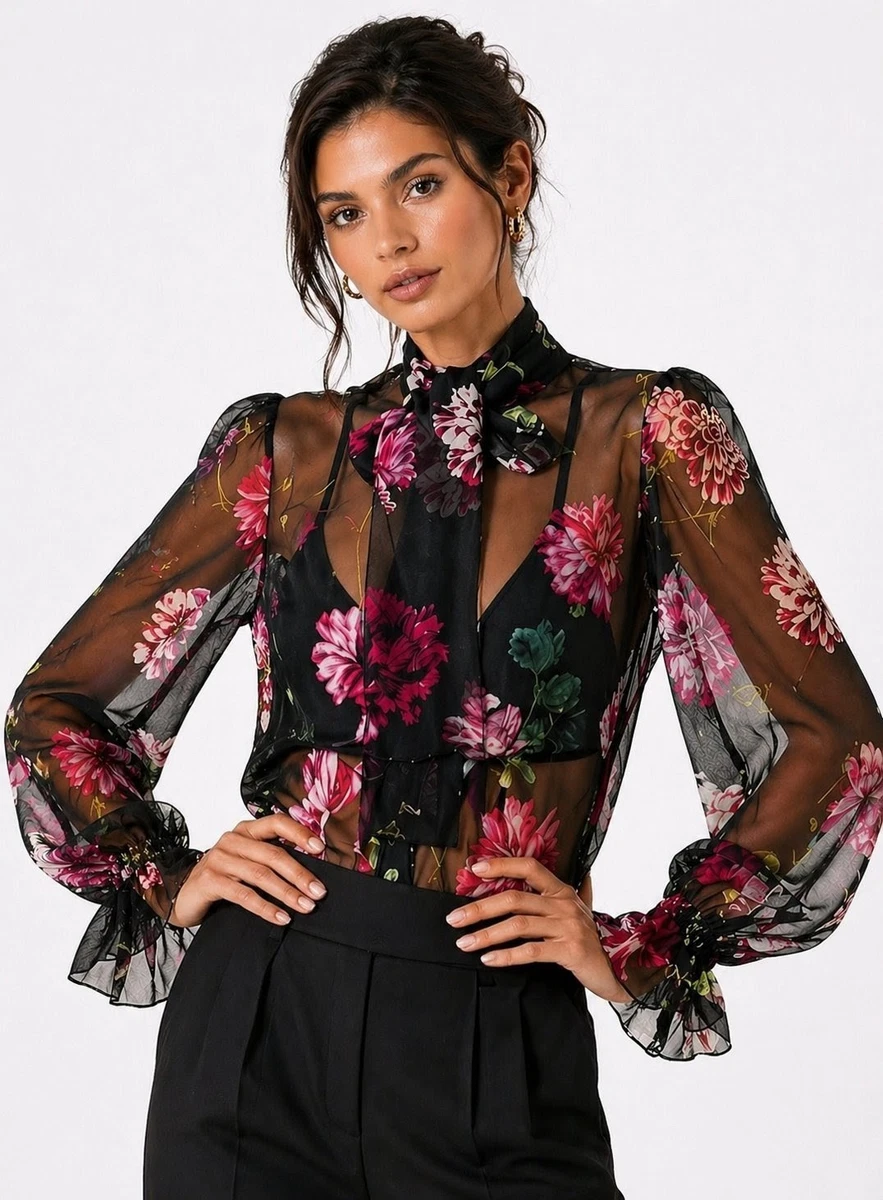 DOLCE&GABBANA カットソー トップス シルク 豪華 薔薇柄 36 Dolce & Gabbana Stretch silk top - Black - Women|F75L8TFSA1JHN2ZO