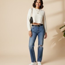 Levi's Premium Ribcage Straight Jeans Size 29 High Rise Distressed Knee Denim