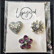 Interchangeable Snap Charm 3 Piece Set - Purple/Silver Heart/Floral Charms