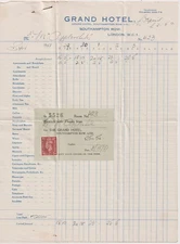 1951 London Grand Hotel Southampton Row Bills Receipts Revenue Stamp Ephemera