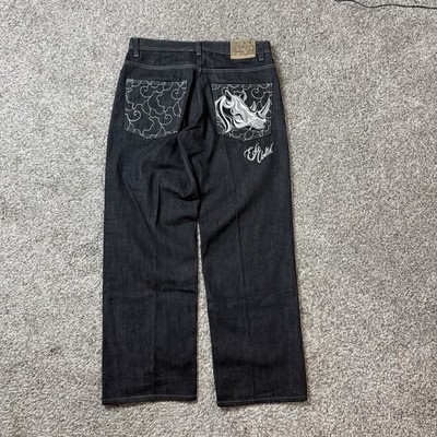 VTG Ecko Unltd Grail Rhino Embroidered Jeans 34 Mens Black Y2K Skate Rare
