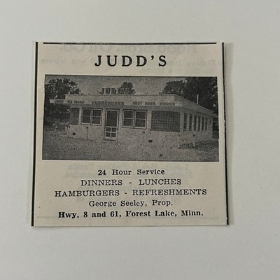 Judd's 24 Hr Svc Dinners Lunches George Seeley Forest Lake MN 1948 Ad SAJ4-S18