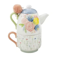 Mud Pie E3 Stacked 8.25" H x 6" Floral Tea For One Teapot and Mug Set 40450001