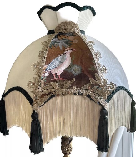 A Victorian Traditional Downton Abbey Ivory Silk Bird Tassel Lampshade 14IN 36CM - Picture 7 of 12