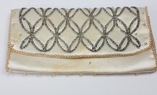 La Regale Japan Vintage Ivory Silk Clear and Pearl Beaded Clutch Purse Bag Snap