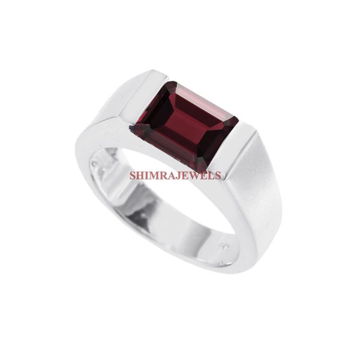 Anillo De Hombre Con Piedra Natural De Granate Y Baño De Oro Blanco De 18k #1889 - Imagen 3 de 5
