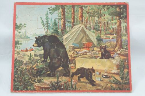 Vtg A. M. WALZER 11"x14" Inlay Jigsaw Puzzle Bears in Camp Vaughan Bass Complete - Picture 1 of 12