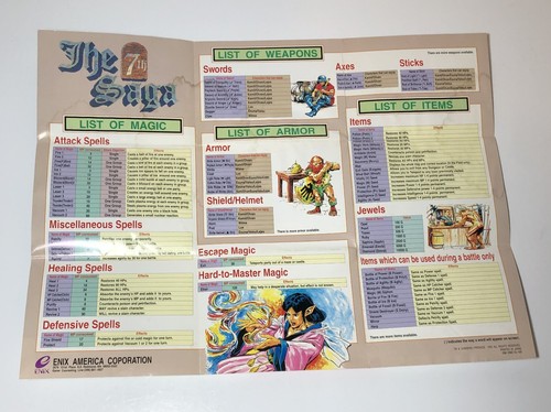Siódma saga: Super Nintendo SNES Gra Mapa świata Wkładka Plakat Przewodnik po przedmiotach Ładny - Zdjęcie 7 z 15