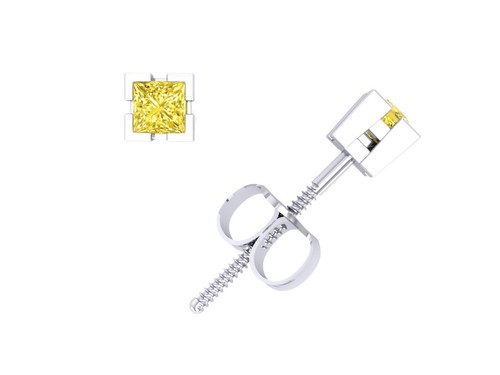 0.15Ct Princess Yellow Diamond Basket Stud Earrings 14k White Gold V-Prong Set