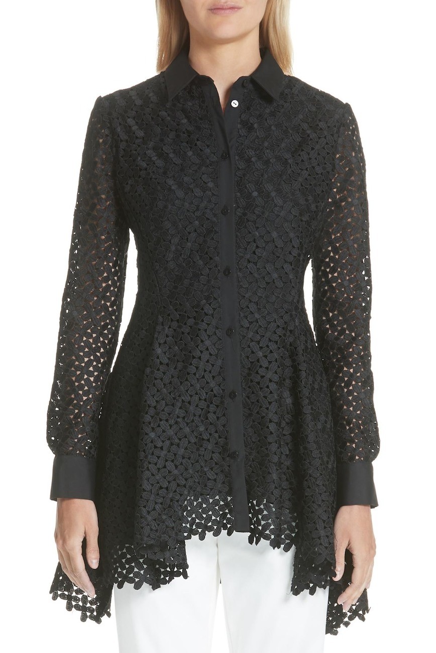 NEW Lela Rose Cotton & Silk Lace Flare Hem Blouse in Black - Size 0 #DD220