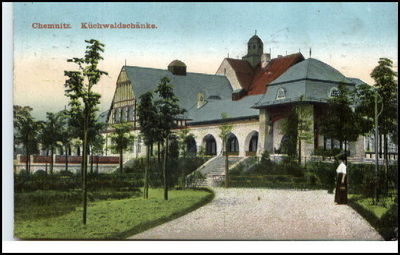 CHEMNITZ Sachsen 1913 Strassen Partie Frau vor der Küchwaldschänke Gasthaus