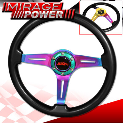 Black Frame 6 Bolts Neo Chrome 3 Spoke Deep Dish Steering Wheel JDM 350mm