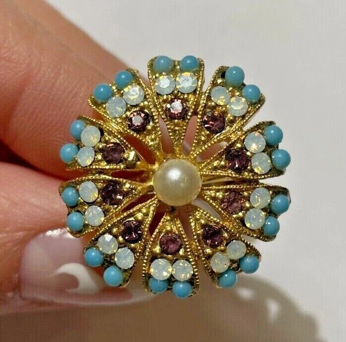Vintage Runder Blumen Opal Rosa Perle Türkis Strass Gold T Verstellbarer Ring - Bild 2 von 4