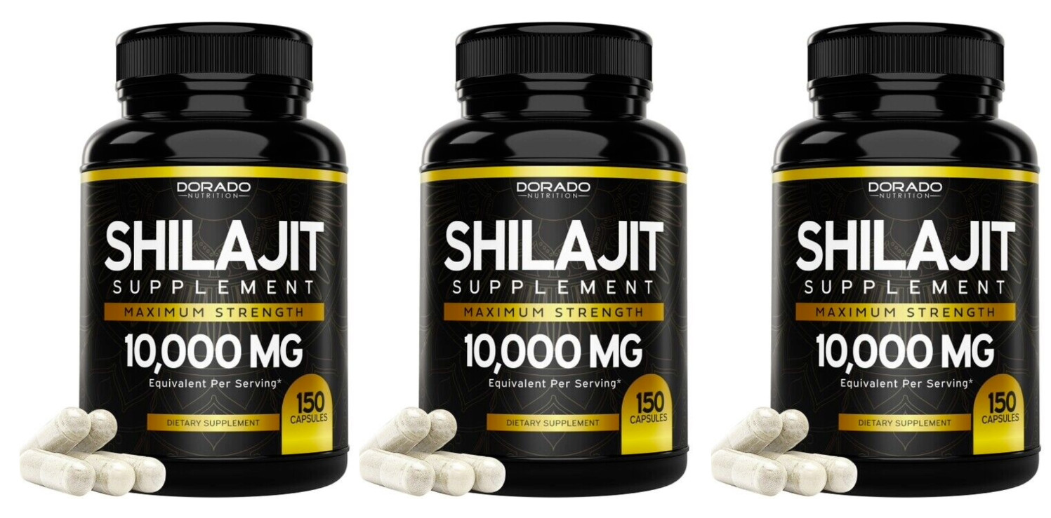 Чистое мумие 10000 мг, 3 капсулы по 150 капсул, содержит натуральную фульвокислоту без запаха.