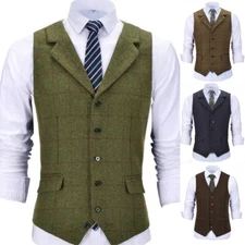 Mens Tweed Wool Vest Retro Windowpane Plaid Vintage Formal Vests M Large XL XXL