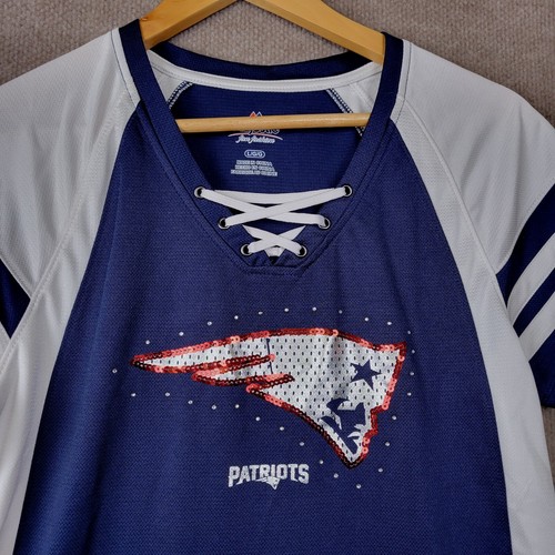 MAJESTIC New England Patriots Top Women's Large NFL Blue Sparkle Football Fan - Picture 5 of 10