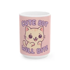White NEW Ceramic Coffee Mug Cup Cute But Will Bite Kawaii Cat Art Gift Fun Pet
