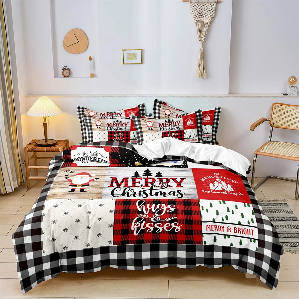 3Pcs Christmas Quilt Duvet Cover Bedding Set Buffalo Plaid Patchwork Santa Claus - image 2 of 4