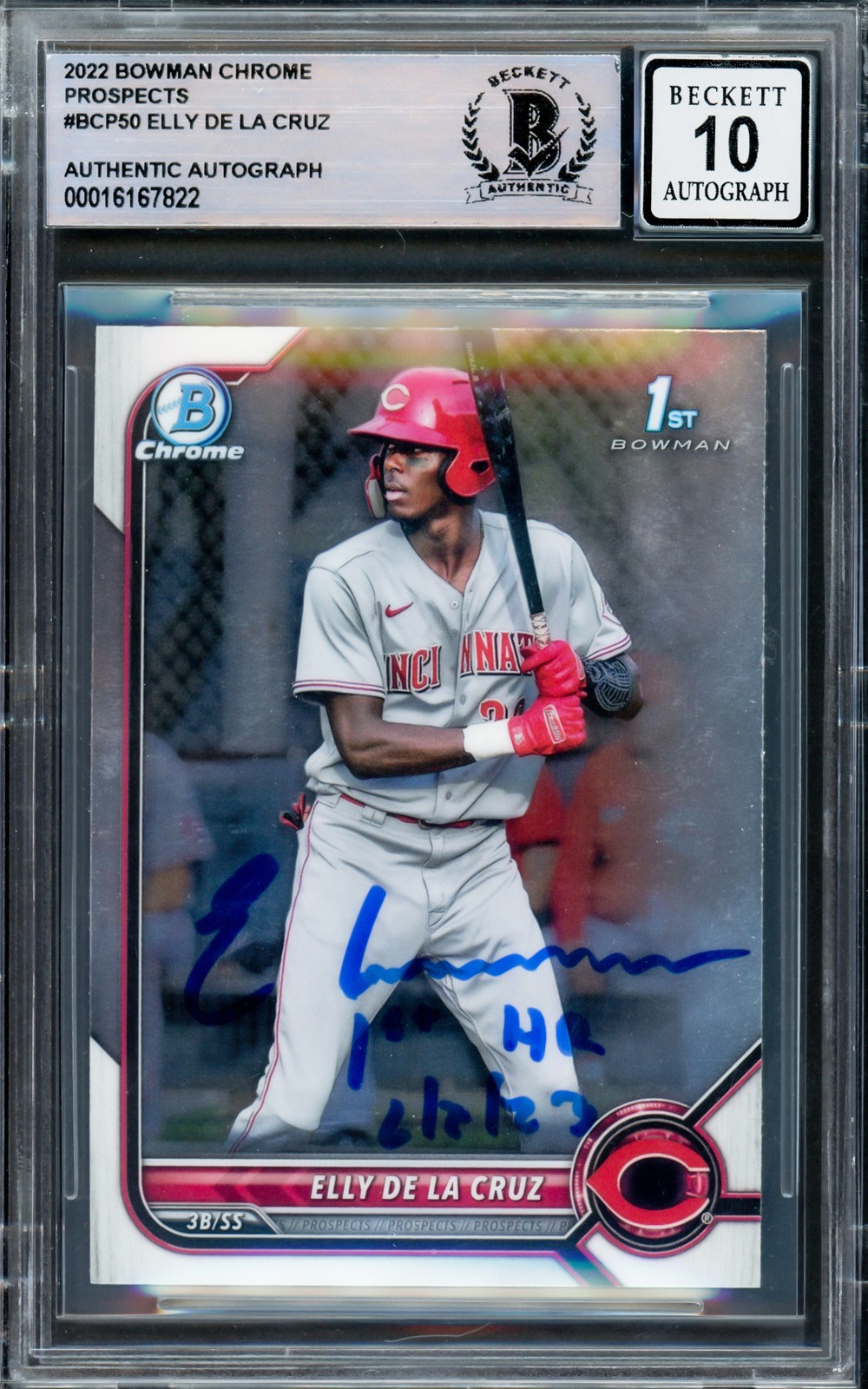 Elly De La Cruz Auto 2022 Bowman Chrome Prospects RC BCP50 Sig 10 "1st HR" BAS
