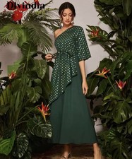 Women s Emerald Green One-Shoulder Evening Dress with Gold Print Elegant Formal