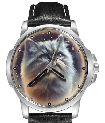 Perserkatze im Sternenhimmel seltenes Lederarmband großes Zifferblatt Armbanduhr