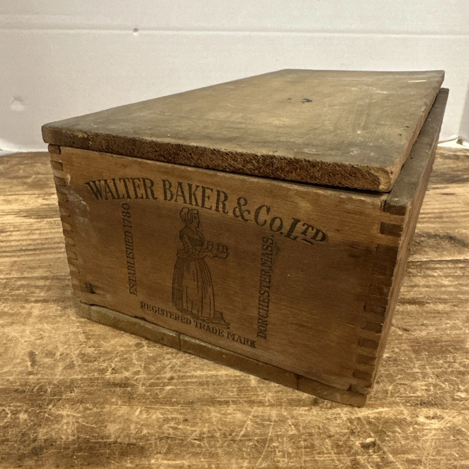 Antigua caja de exhibición de madera de cacao chocolate desayuno Walter Baker años 1900 Foto 3 de 4