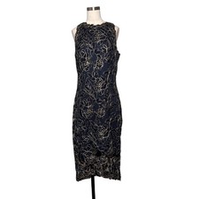 TADASHI SHOJI COLLECTION $348 Gold Navy Lace Lined Evening Dress Size 12!
