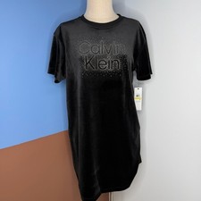 Calvin Klein Black Velour Velvet Black Embellished T-Shirt Dress NWT Size Medium