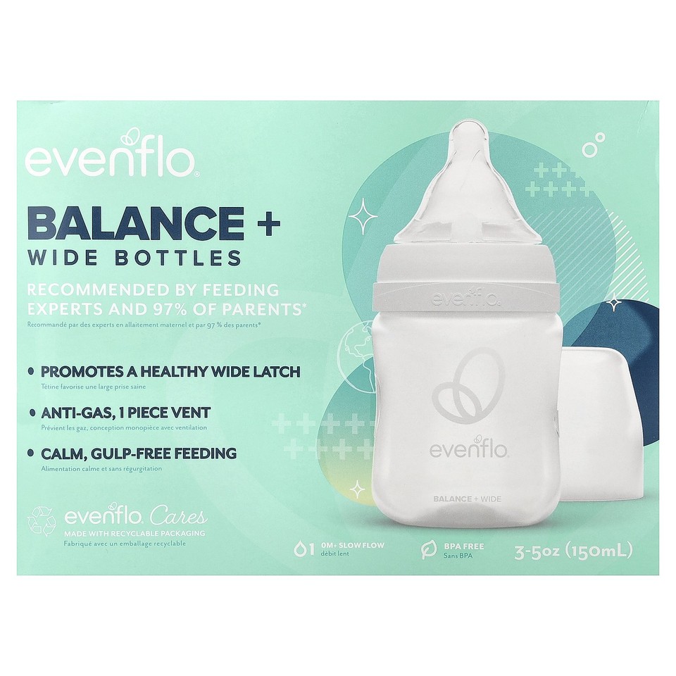 Balance+ Bottles, Wide, 0+ Months, Slow Flow, 3 Bottles, 5 oz (150 ml) Each