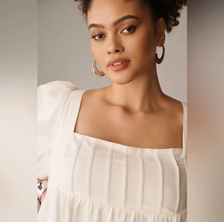 By Anthropologie Mini Tiered Dress Size 1X White Square-Neck Puff Sleeve - Image 4 of 4