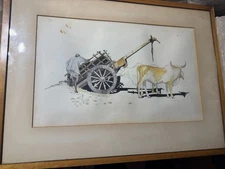 Vintage D Schuller "Man And Ox Cart Scene" Watercolor Painting - Signed/Framed