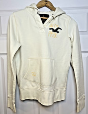 Hollister Hoodie Large Cream Spell Out Applique Pullover 1922 Surf Co Stretch