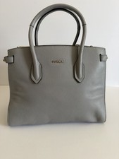 Furla Top Handle Bag Gray Logo Accent Detachable Strap Gold Hardware Zip Closure
