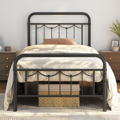 Twin Metal Bed Frame with Vintage Farmhouse Headboard and Footboard