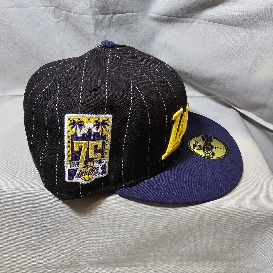 Los Angeles Lakers New Era Hat Club 75 Year Fitted Hat 7 NBA Black Pinstripe Cap - Image 3 of 4