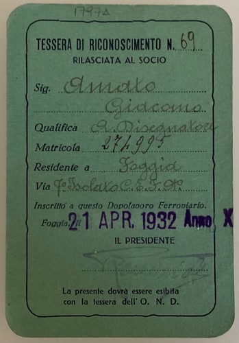 DOPOLAVORO FERROVIARIO FOGGIA A.X° 1932 TESSERA PARTITO DI GOVERNO 1922.1942 - Picture 6 of 6