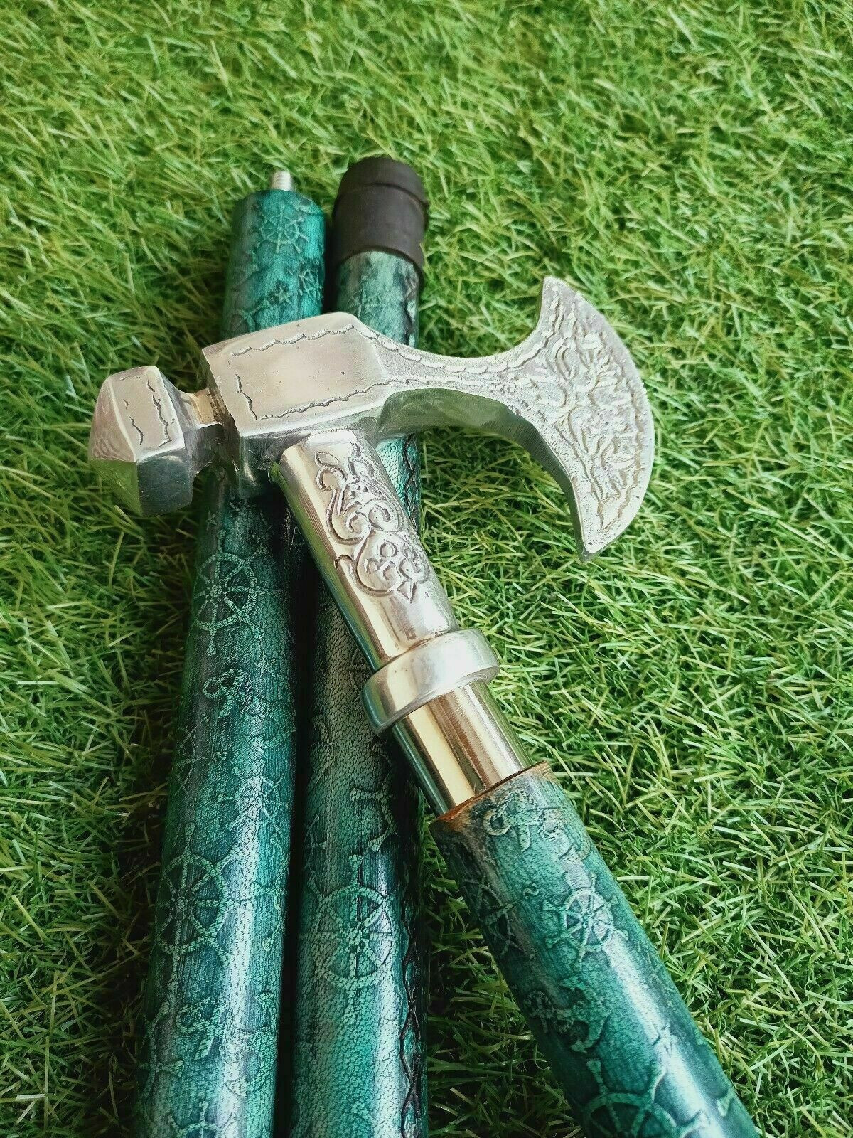 Chrome Brass Axe Head Handle Steampunk Leather Wa… - image 3